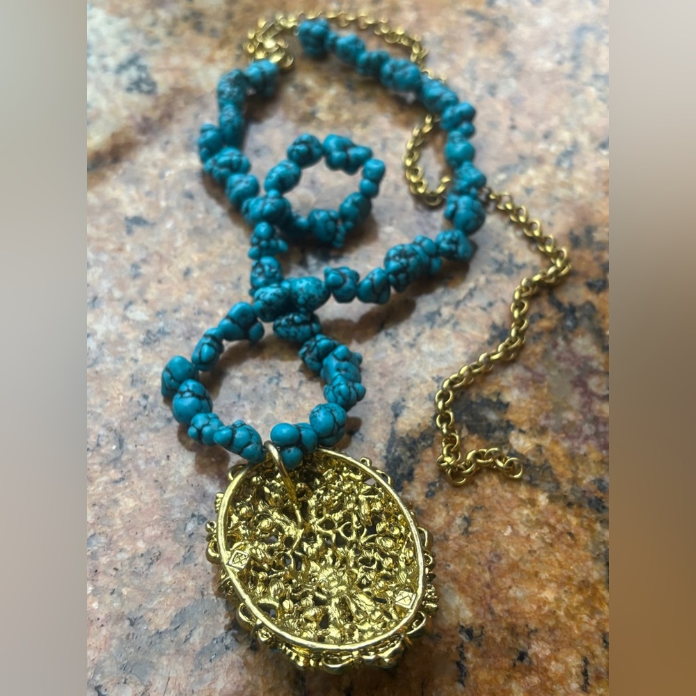 ๐ RARE 1928 Designer Turquoise Blue Stone Statement Necklace โข Crystal Medallion - Picture 9 of 14
